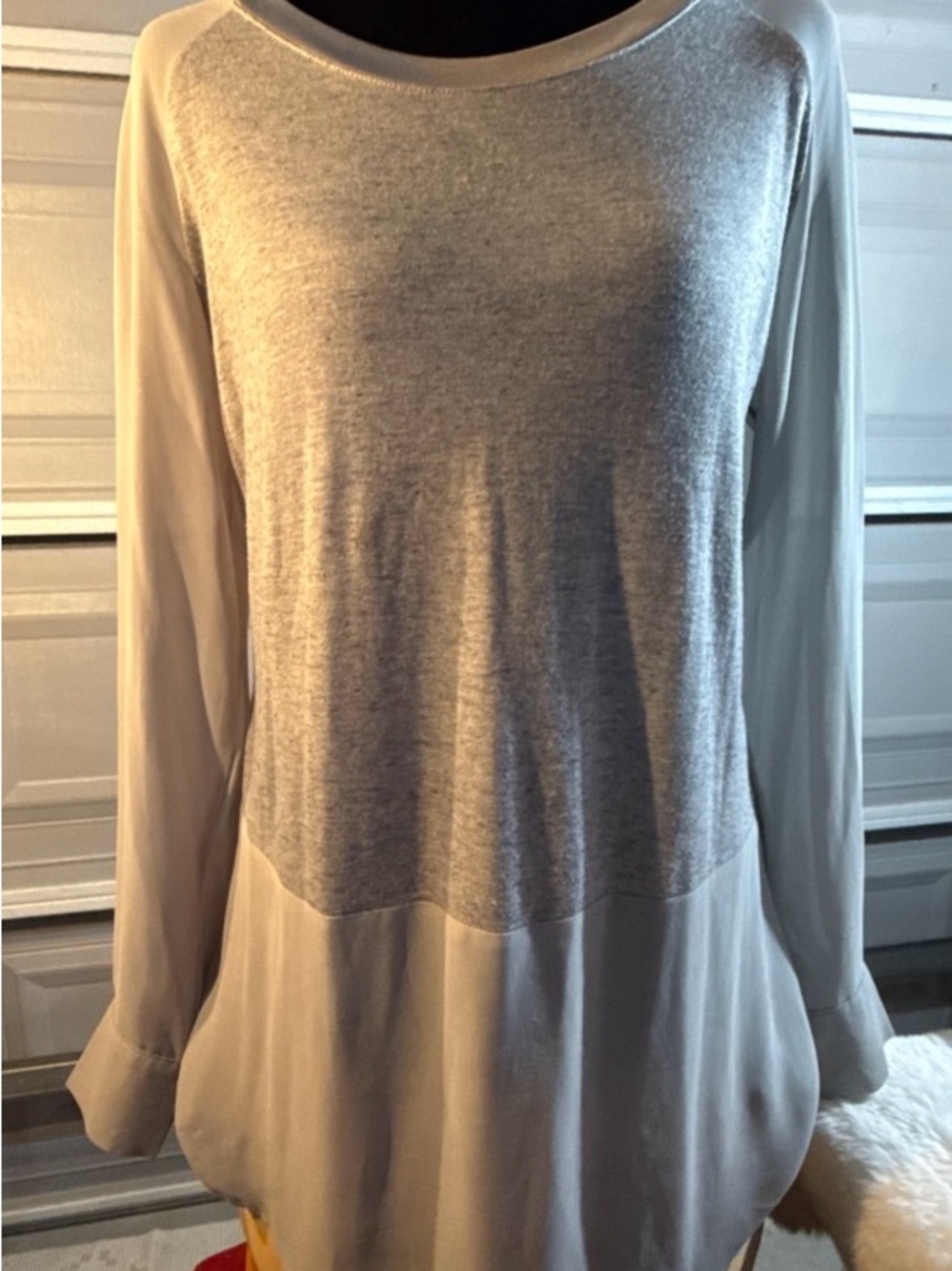 Soft Two-Tone Long Sleeve Blouse in Light Gray and White
